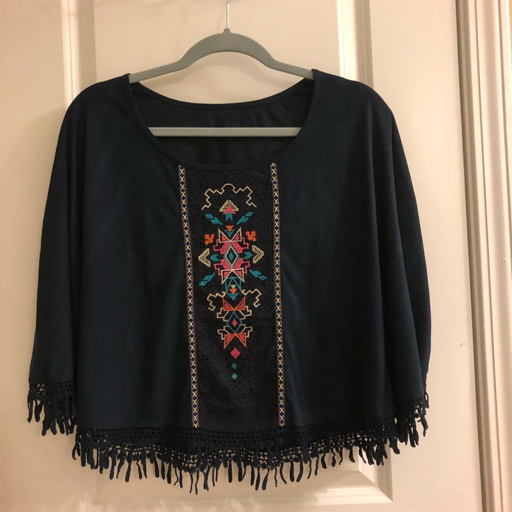 Embroidery boho poncho top shirt suede hippies